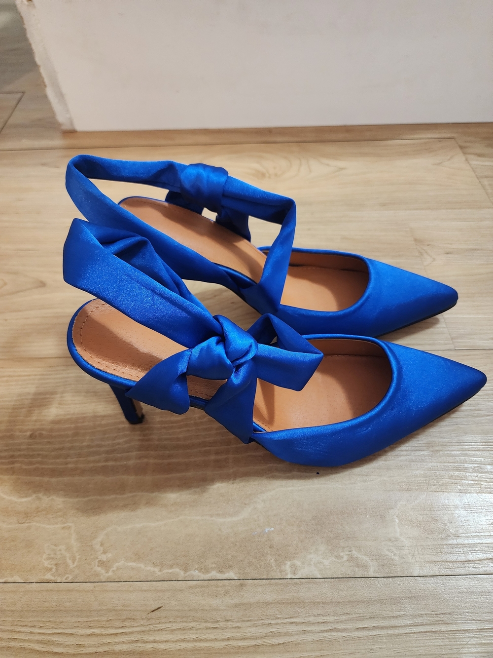 Blue Satin Pointed-Toe Bow Strap Heels